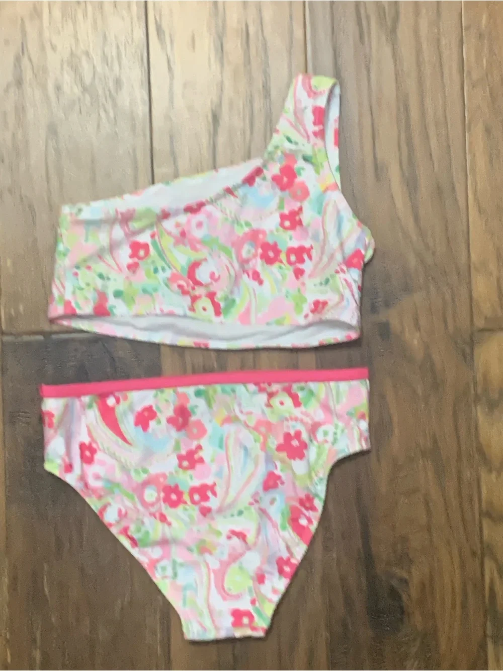 Floral One-Shoulder Bikini Set in Pink and Lime Green